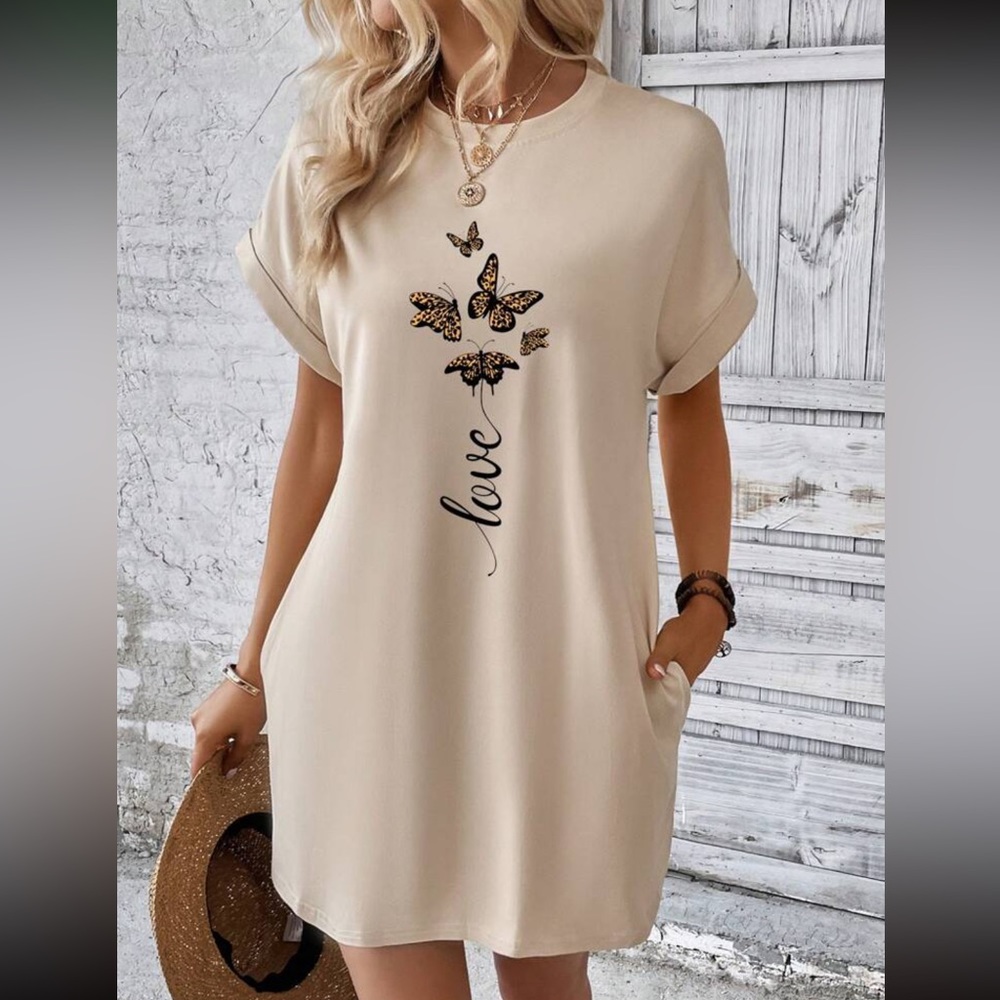 Butterfly & Letter Graphic Batwing Sleeve Tee Dress